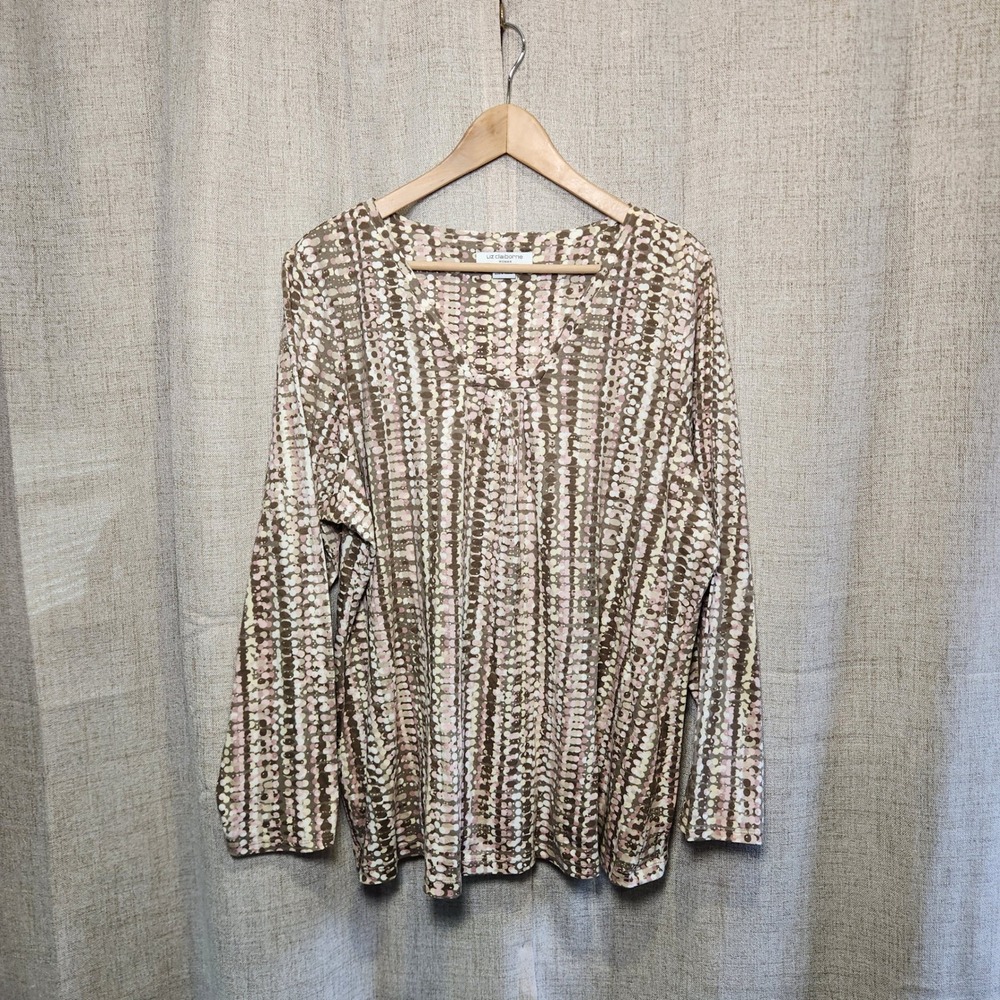 Liz Claiborne Pullover Blouse Women's Plus 3X Multicolor Abstract Square V-Neck